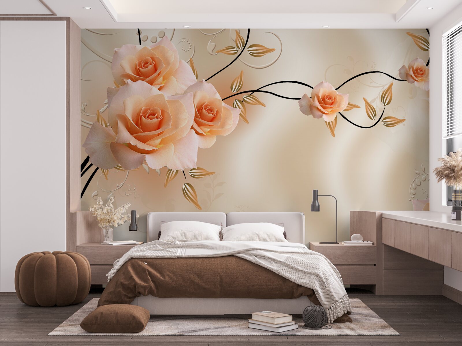 Papier peint soie couleur pêche avec fleurs roses
