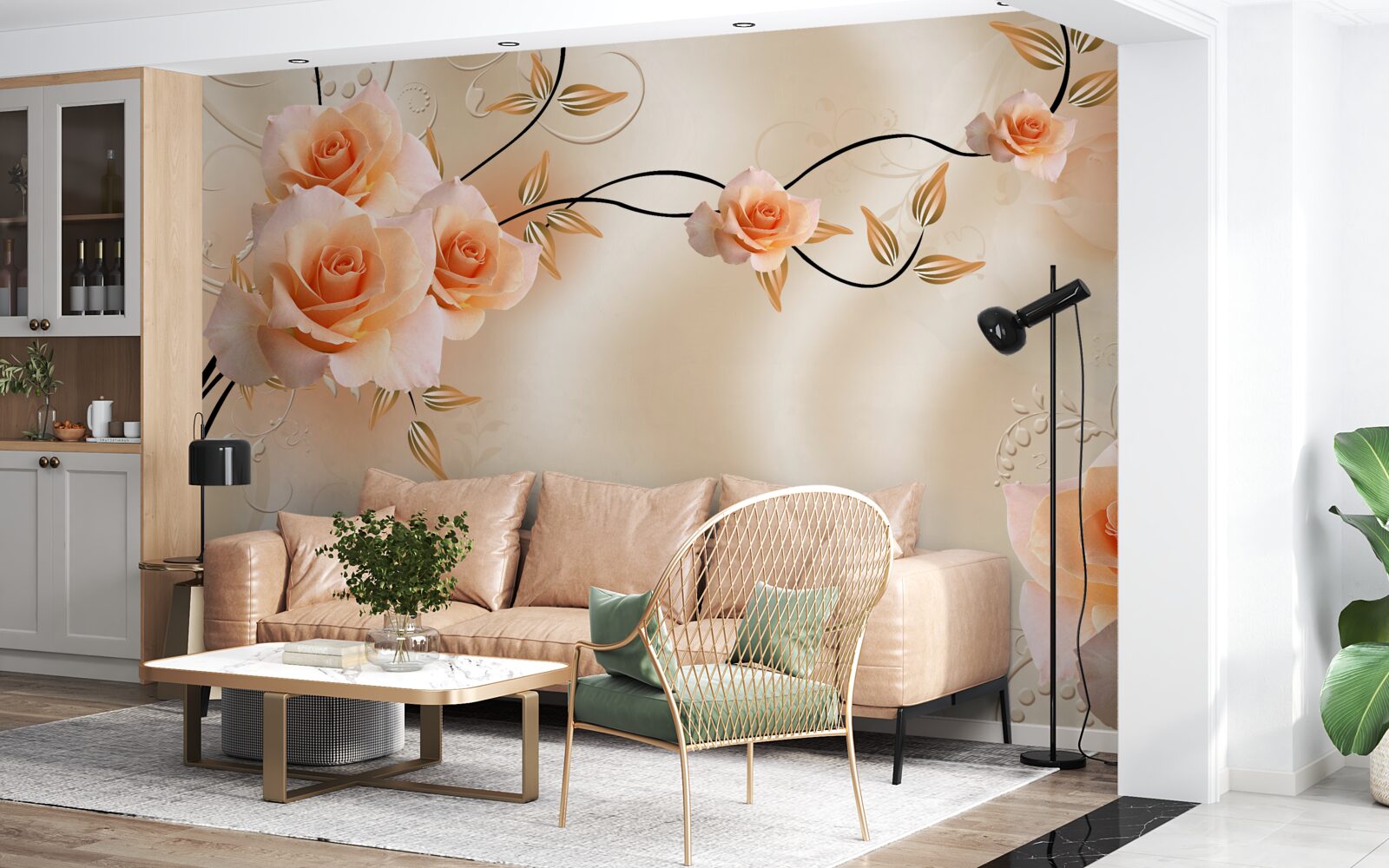 Papier peint soie couleur pêche avec fleurs roses