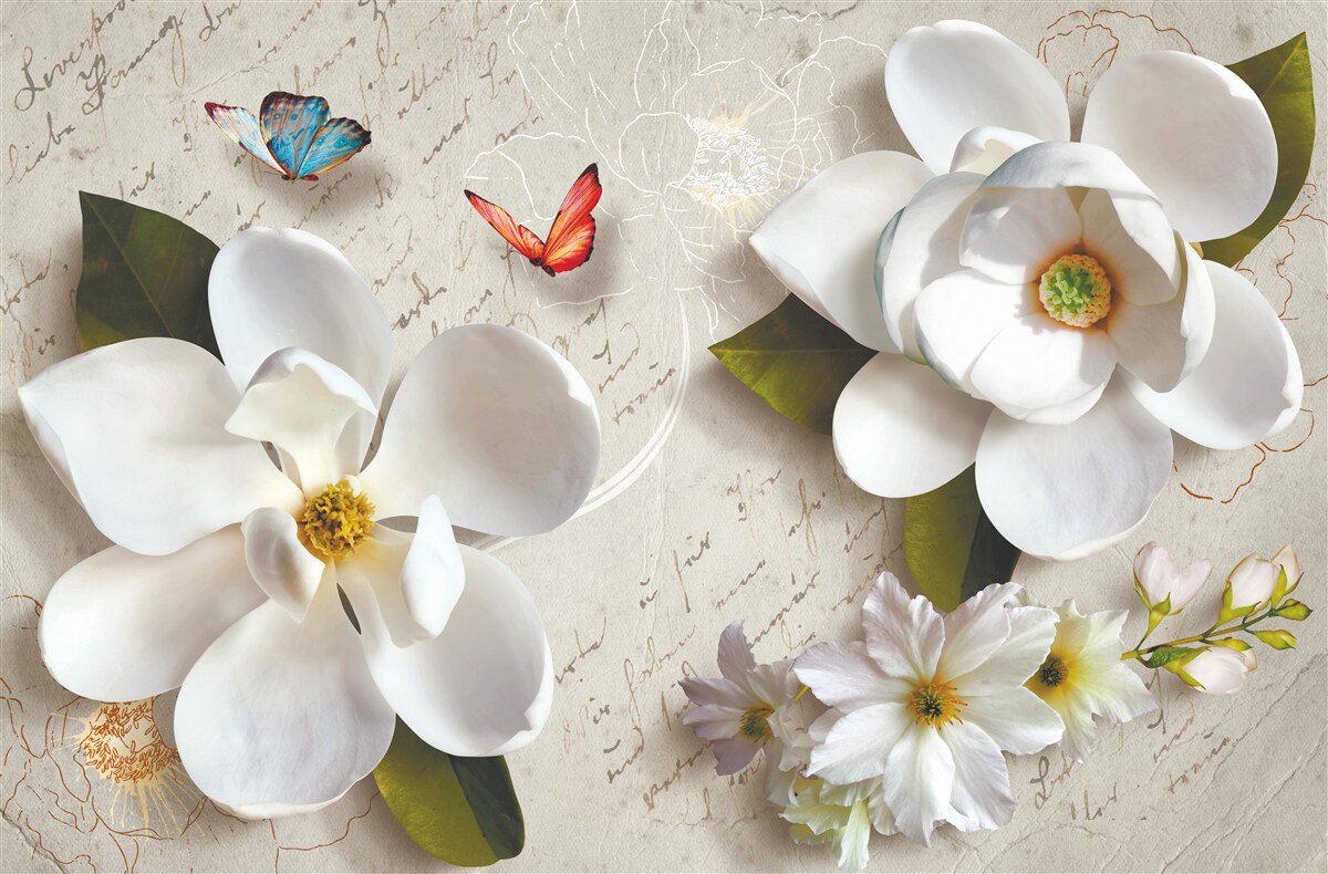 Papier peint des lotus blancs avec des papillons dont la tendresse fait vibrer l'âme