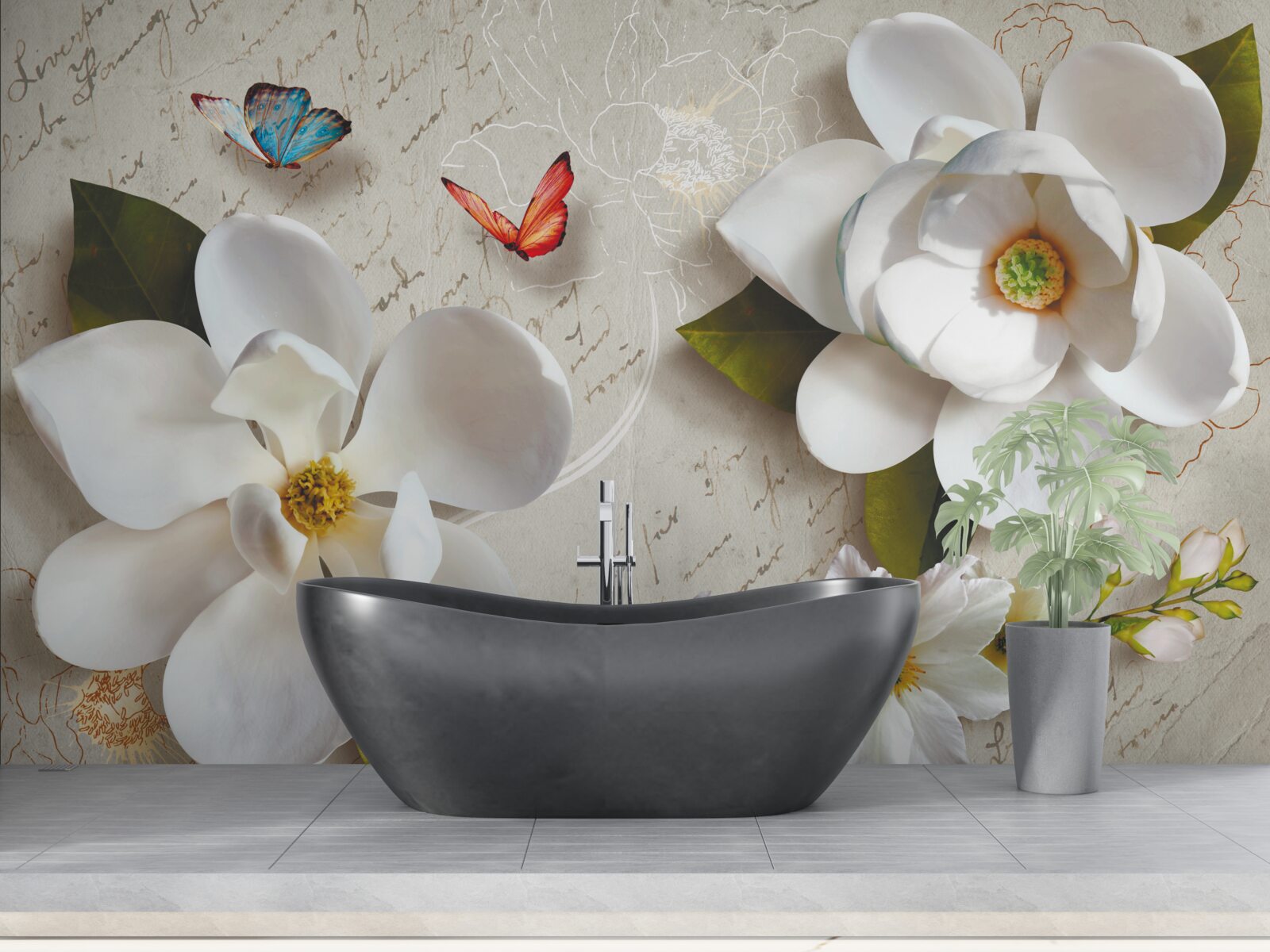 Papier peint des lotus blancs avec des papillons dont la tendresse fait vibrer l'âme