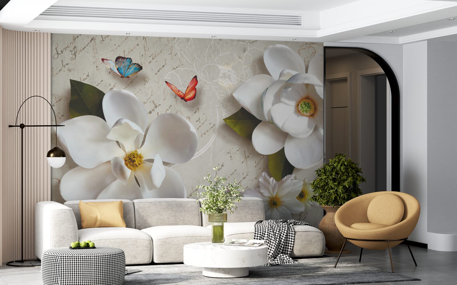 Papier peint des lotus blancs avec des papillons dont la tendresse fait vibrer l'âme