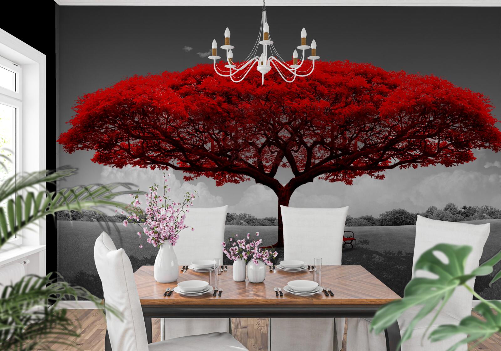 Papier peint La vie est un arbre rouge dans une clairière grise