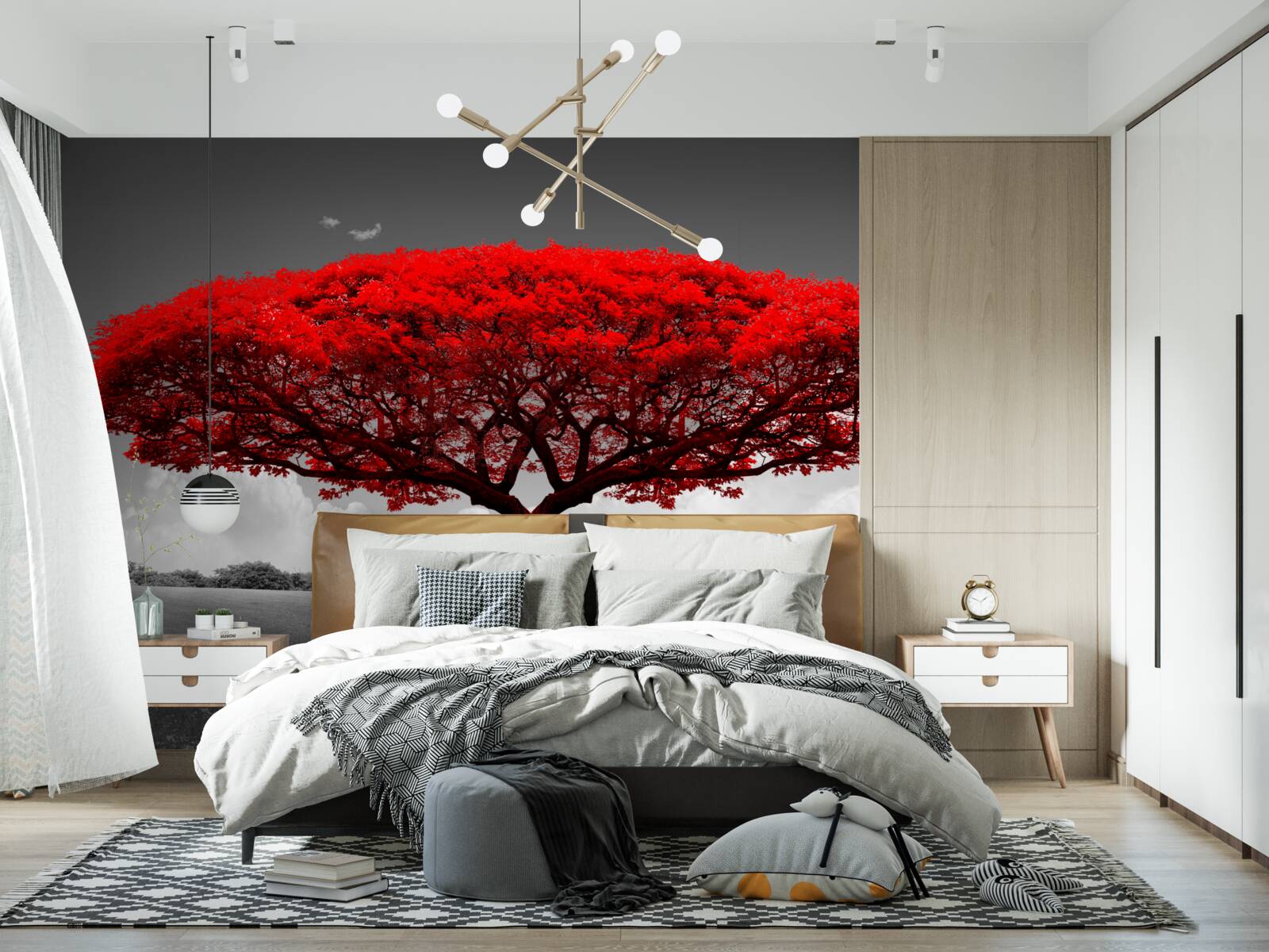 Papier peint La vie est un arbre rouge dans une clairière grise