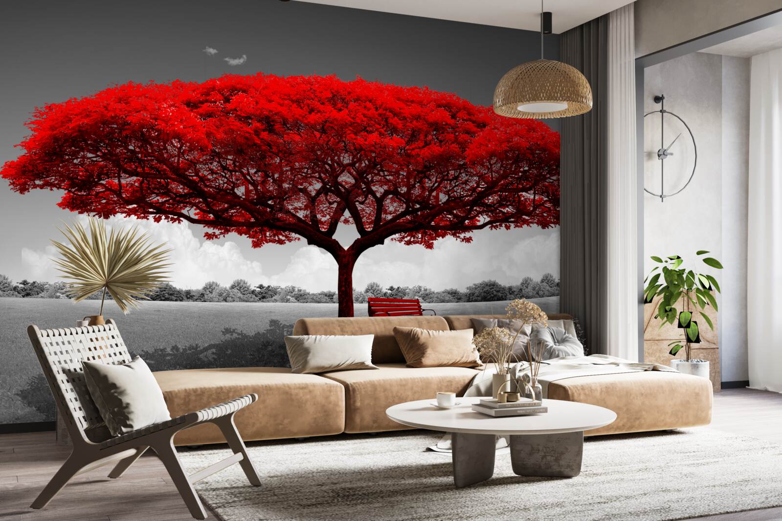 Papier peint La vie est un arbre rouge dans une clairière grise