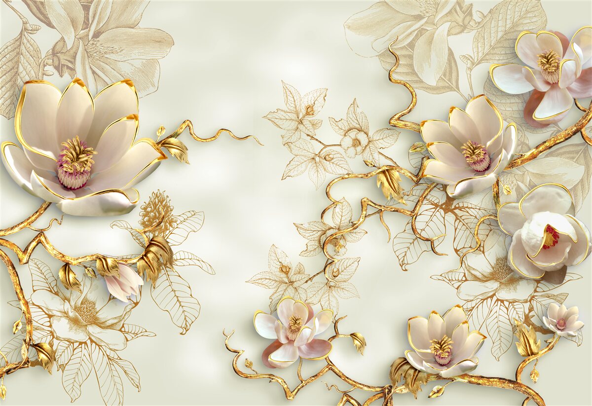 Papier peint des branches parsemées de fleurs dorées et blanches comme la neige