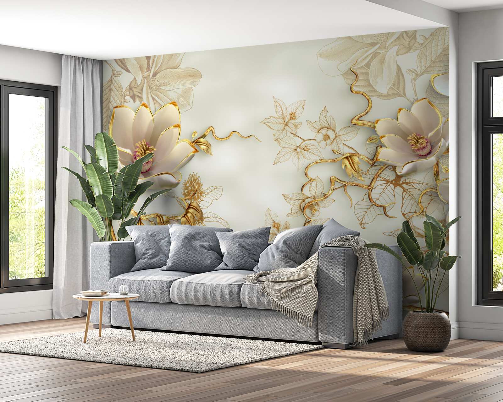 Papier peint des branches parsemées de fleurs dorées et blanches comme la neige