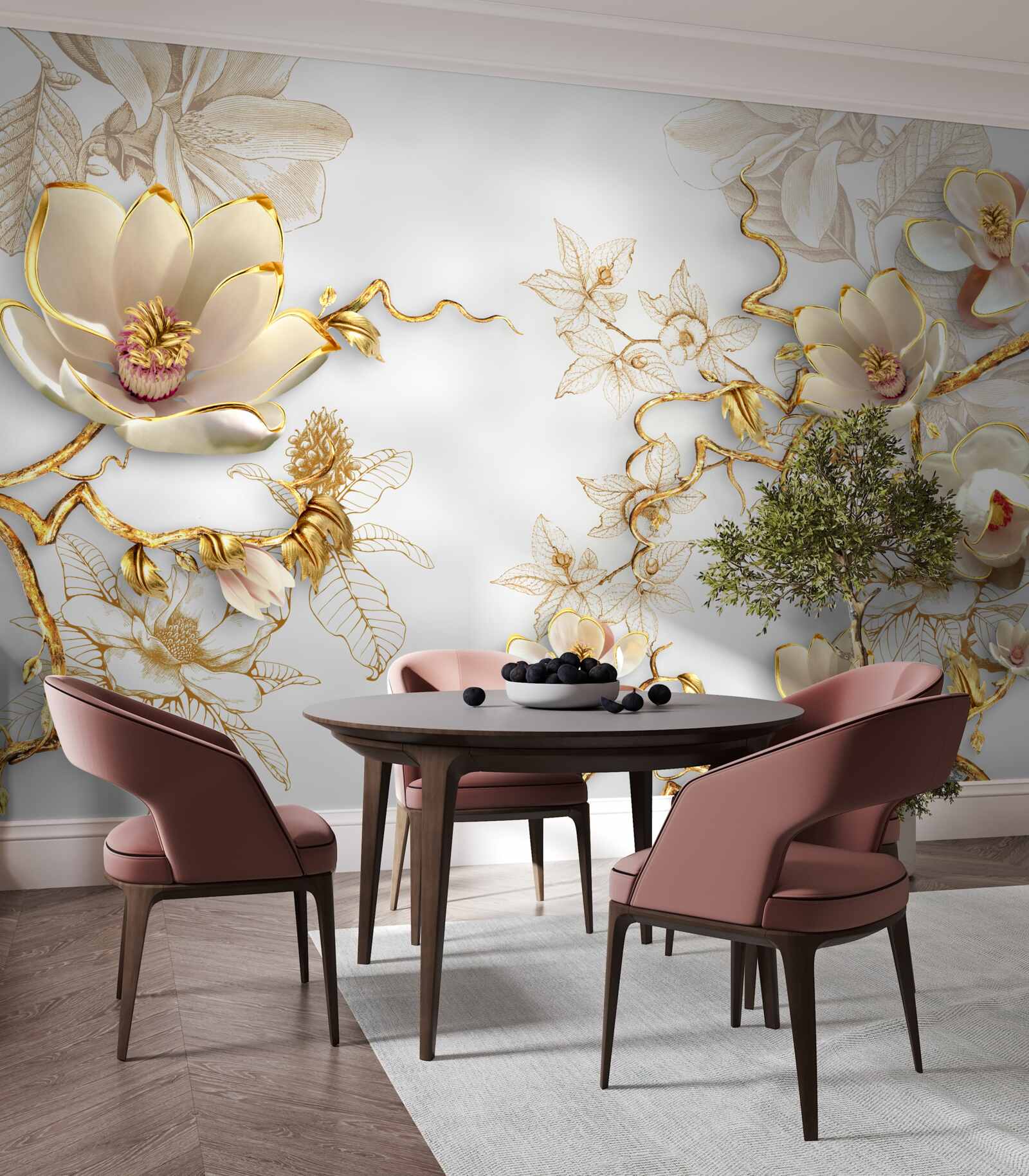 Papier peint magnolia fleurissant dans des tons dorés