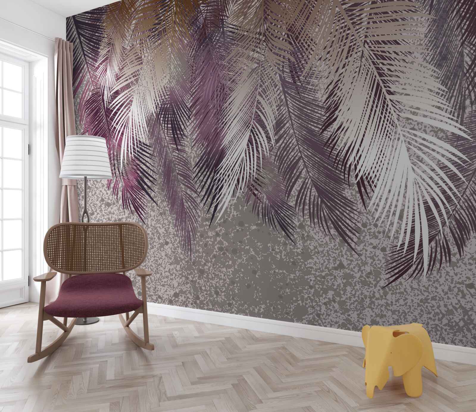 Papier peint Feuilles de couleur bordeaux ressemblant à des plumes