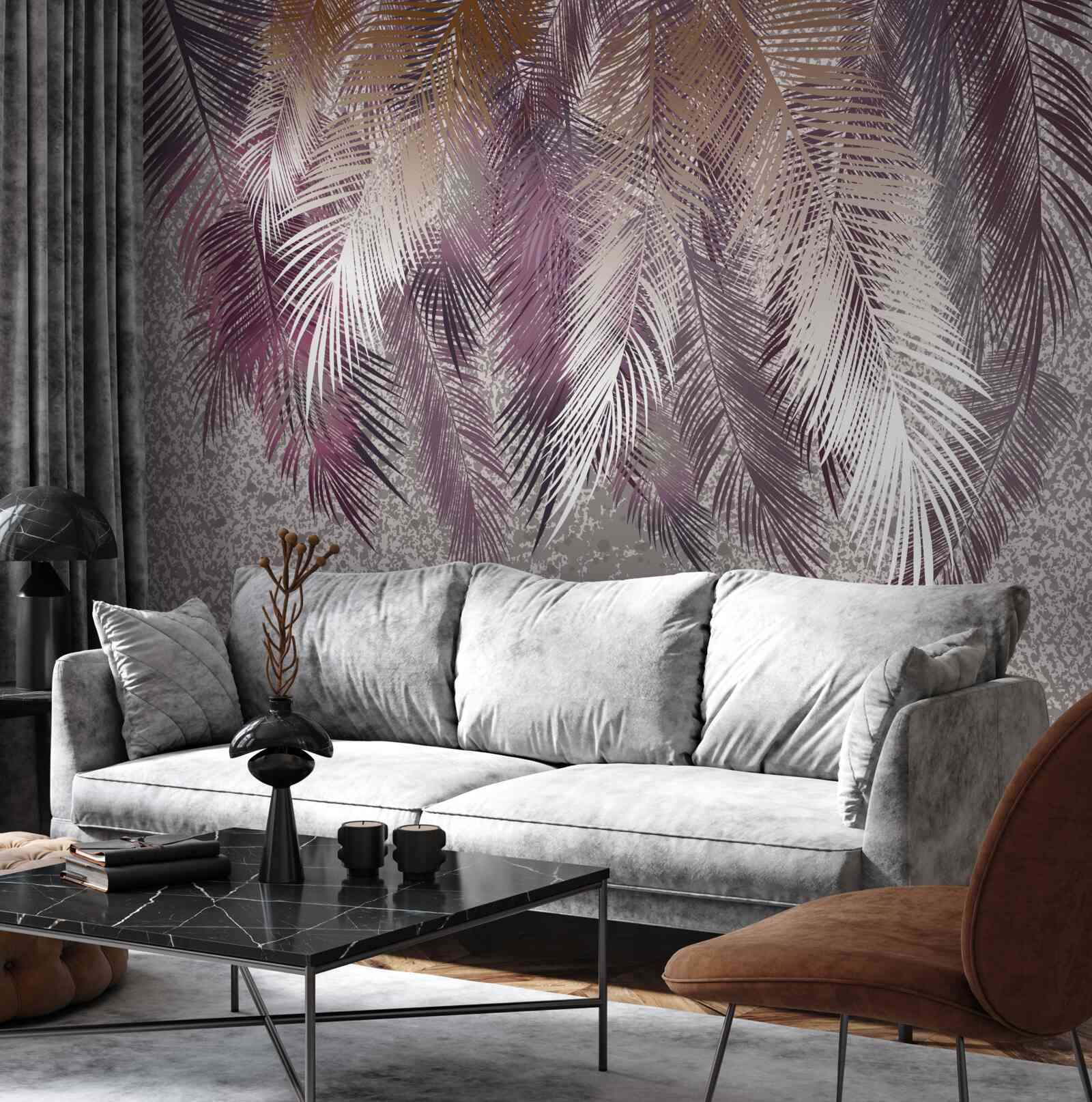 Papier peint Feuilles de couleur bordeaux ressemblant à des plumes