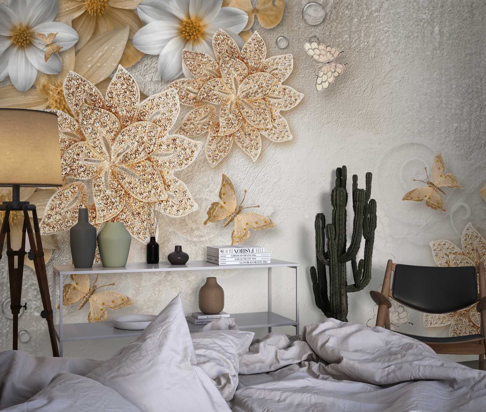 Papier peint lotus et fleurs blanches avec division en or