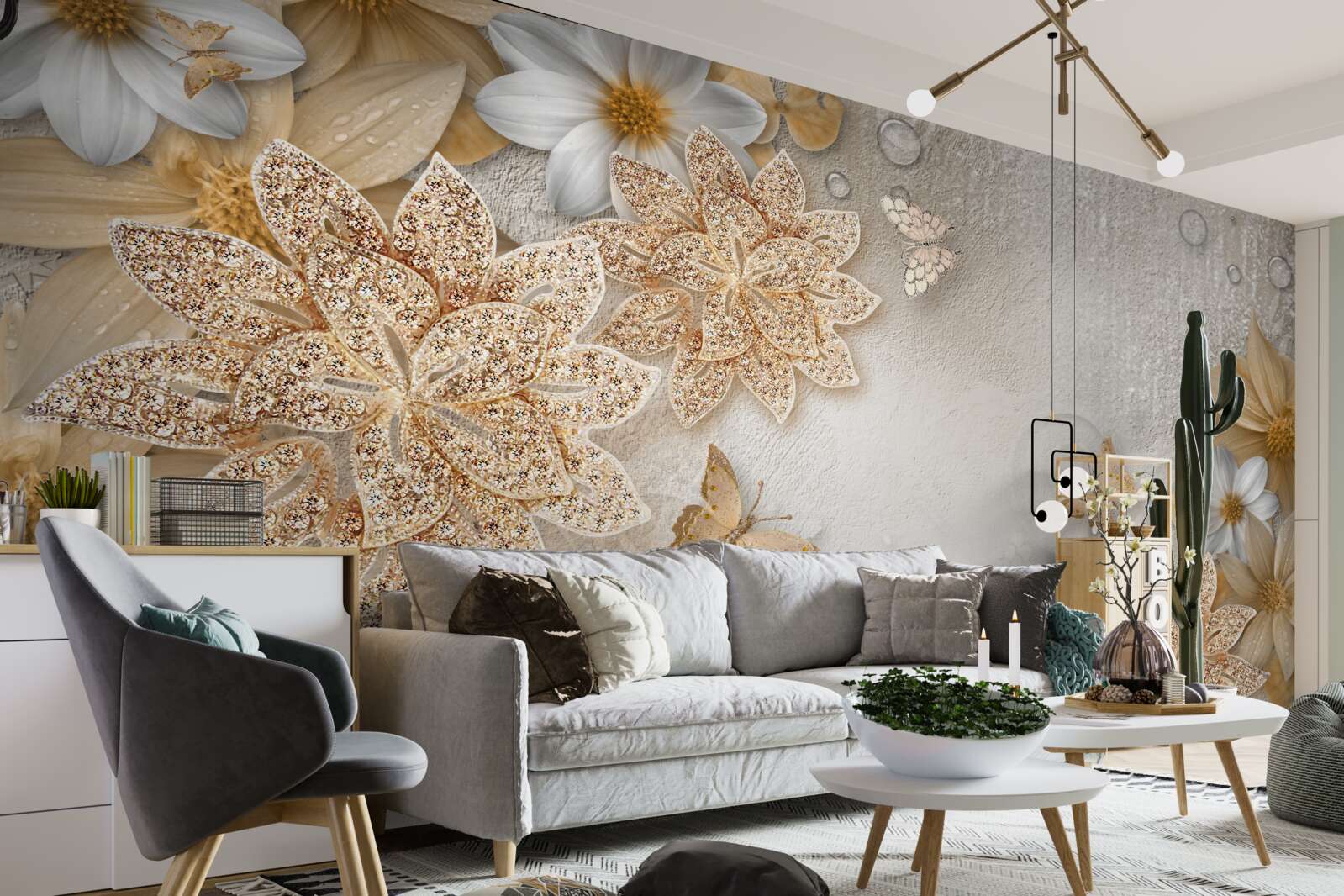Papier peint lotus et fleurs blanches avec division en or