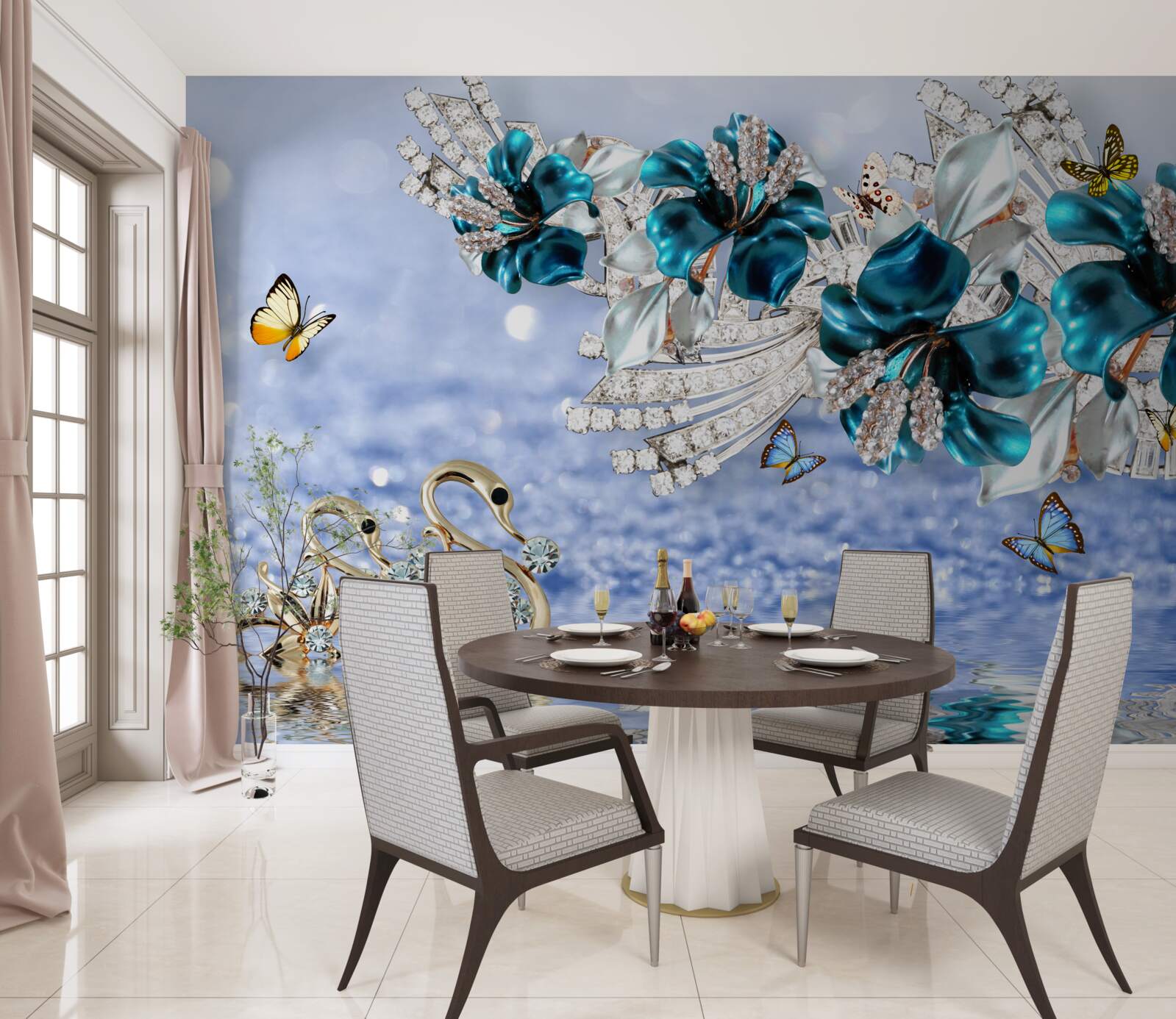 Papier peint magnolias avec fleurs bleues cristallines et papillons