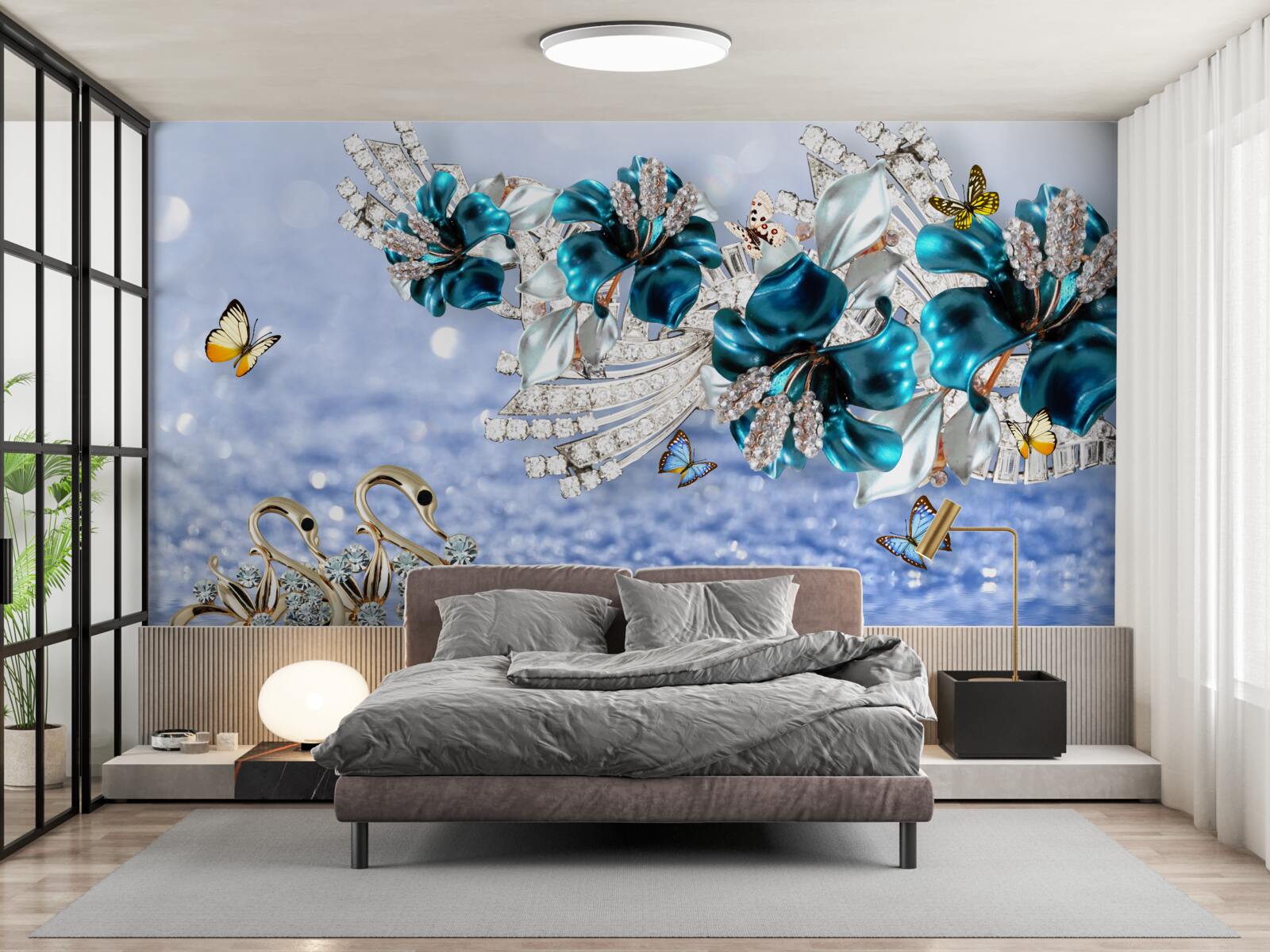 Papier peint magnolias avec fleurs bleues cristallines et papillons