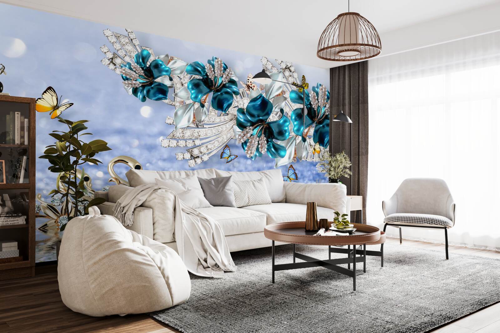 Papier peint magnolias avec fleurs bleues cristallines et papillons