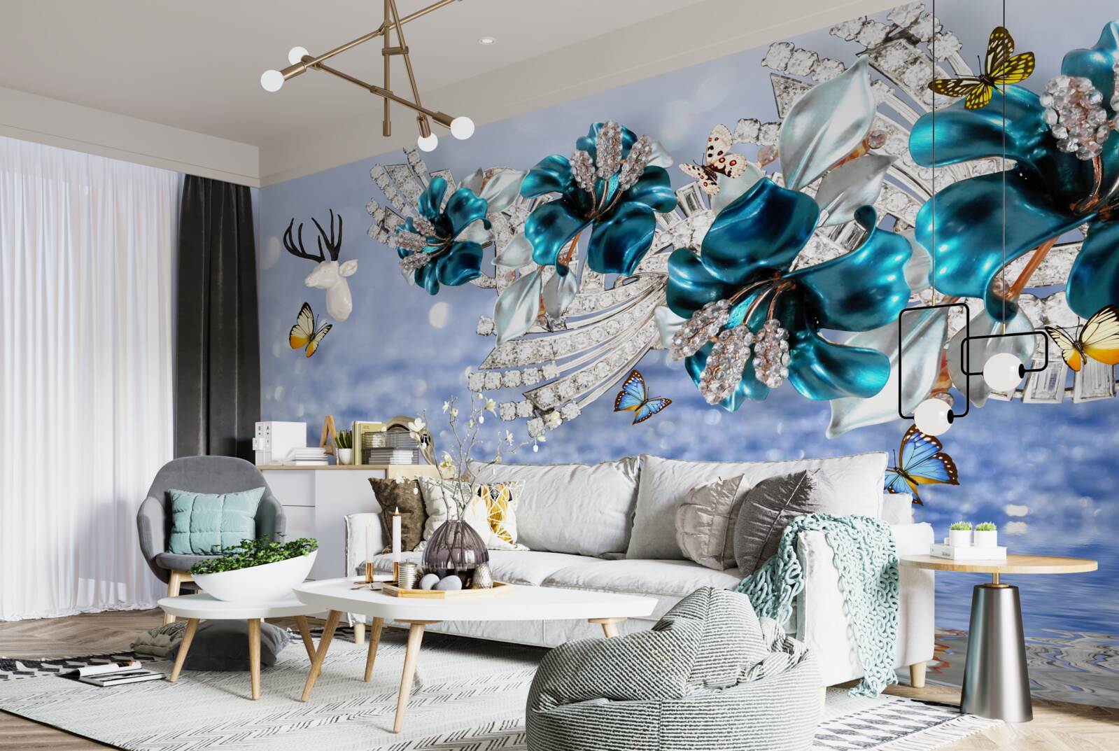 Papier peint magnolias avec fleurs bleues cristallines et papillons