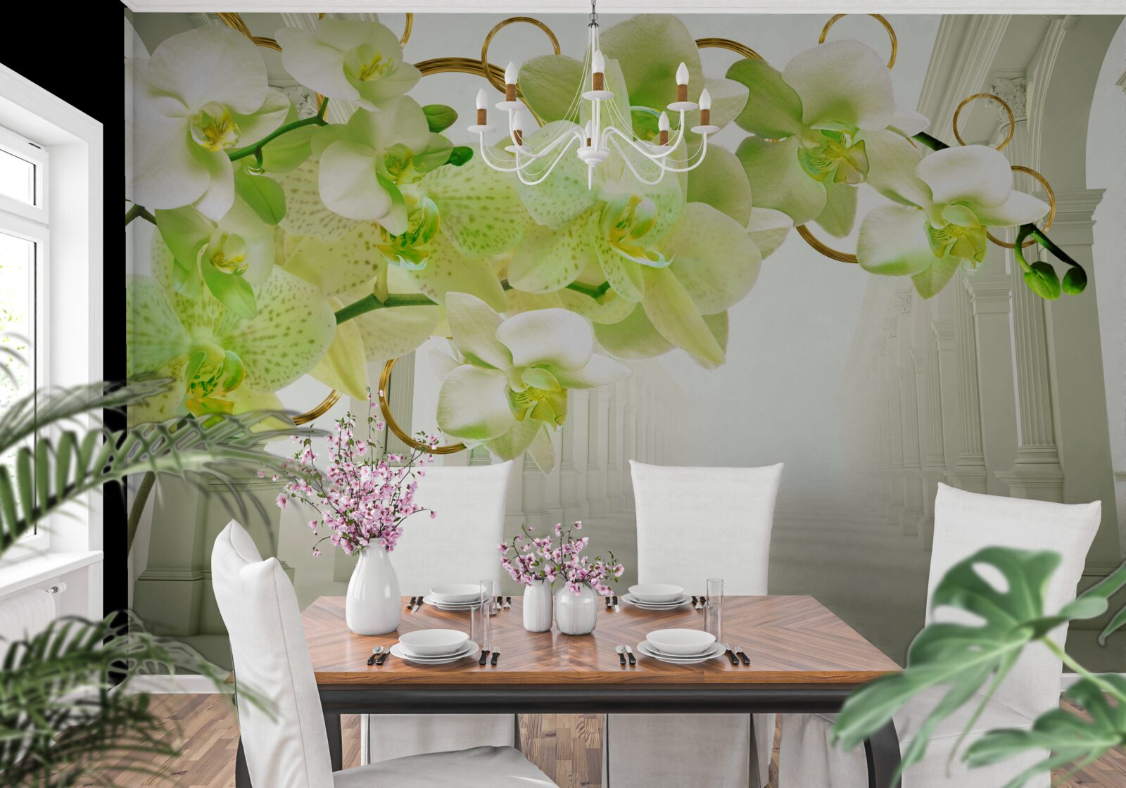 Papier peint orchidée blanche et verte contre des piliers blancs