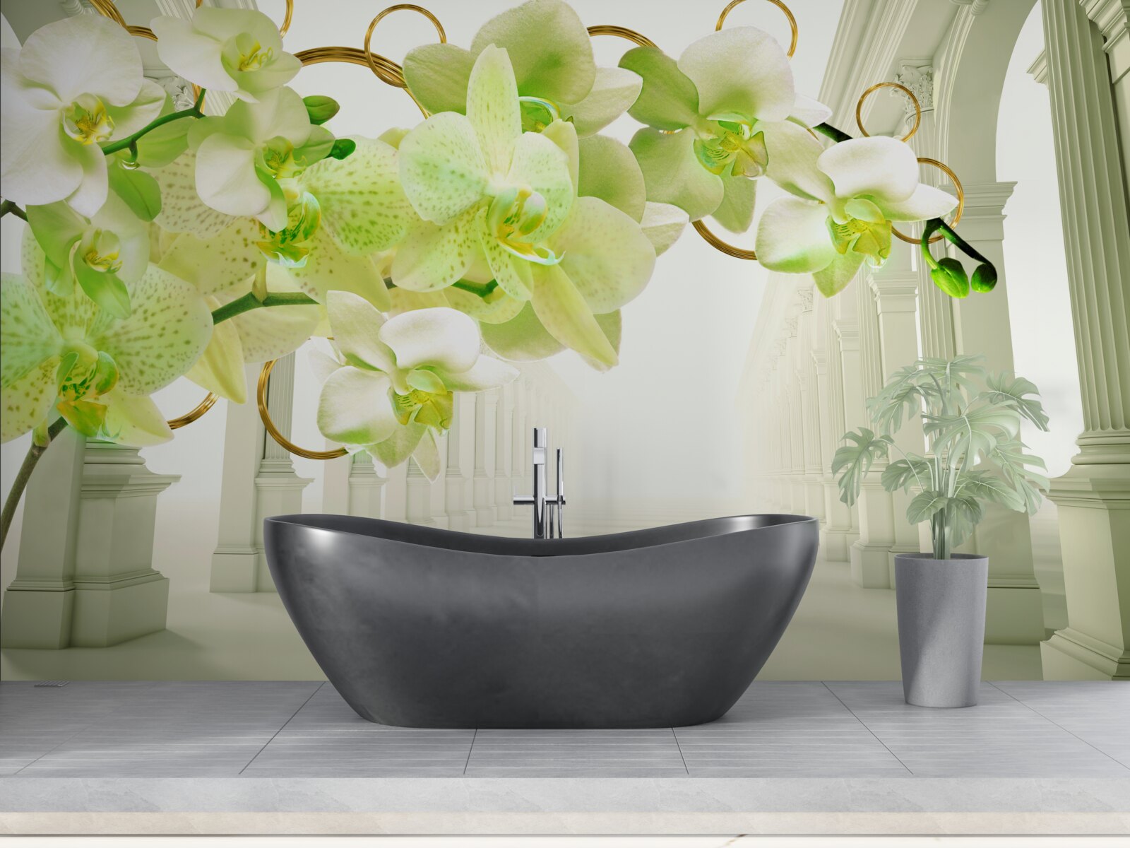 Papier peint orchidée blanche et verte contre des piliers blancs