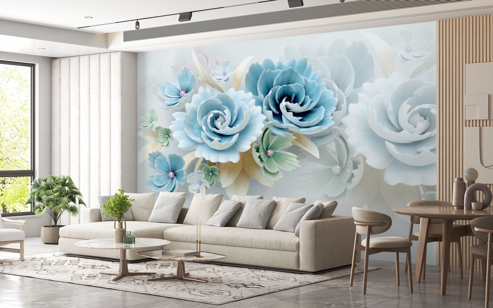 Papier peint de belles roses d'un bleu délicat