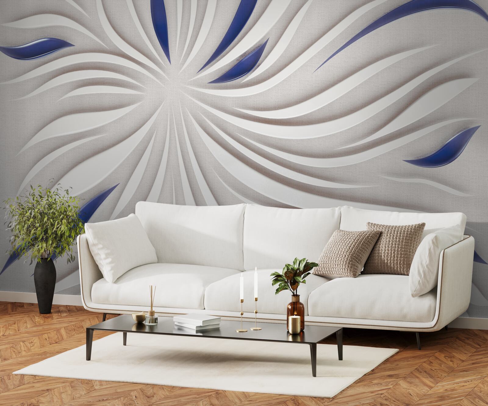 Papier peint lignes abstraites bleues et blanches