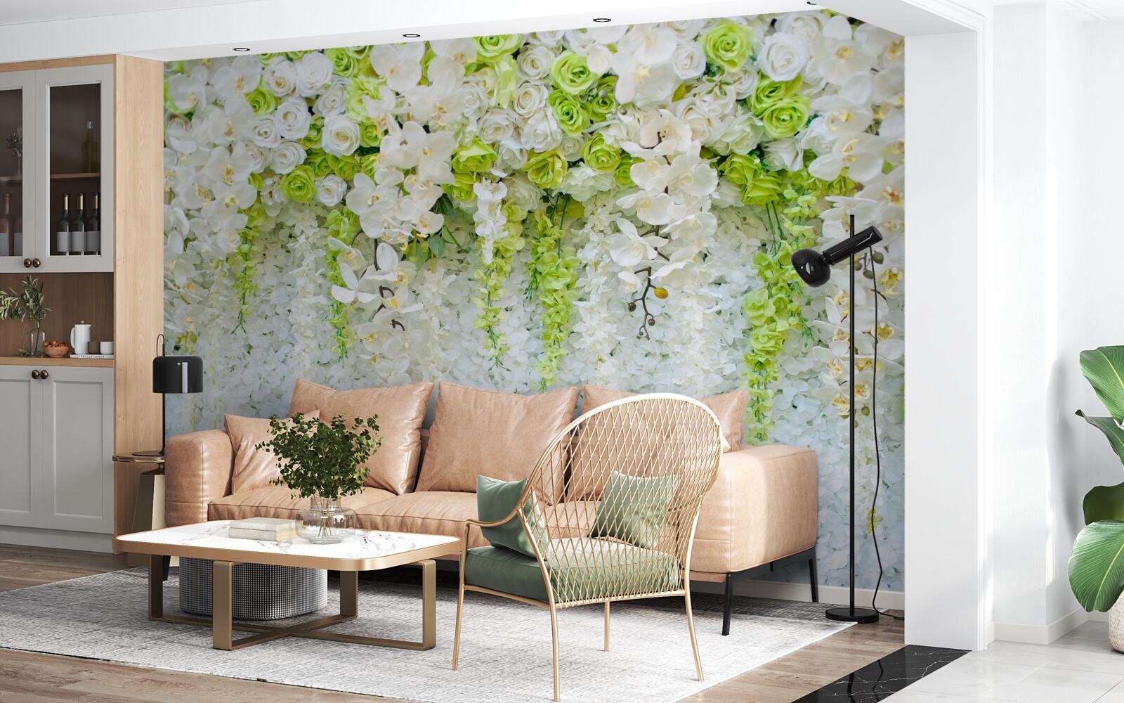 Papier peint diverses roses et branches d'orchidée blanche