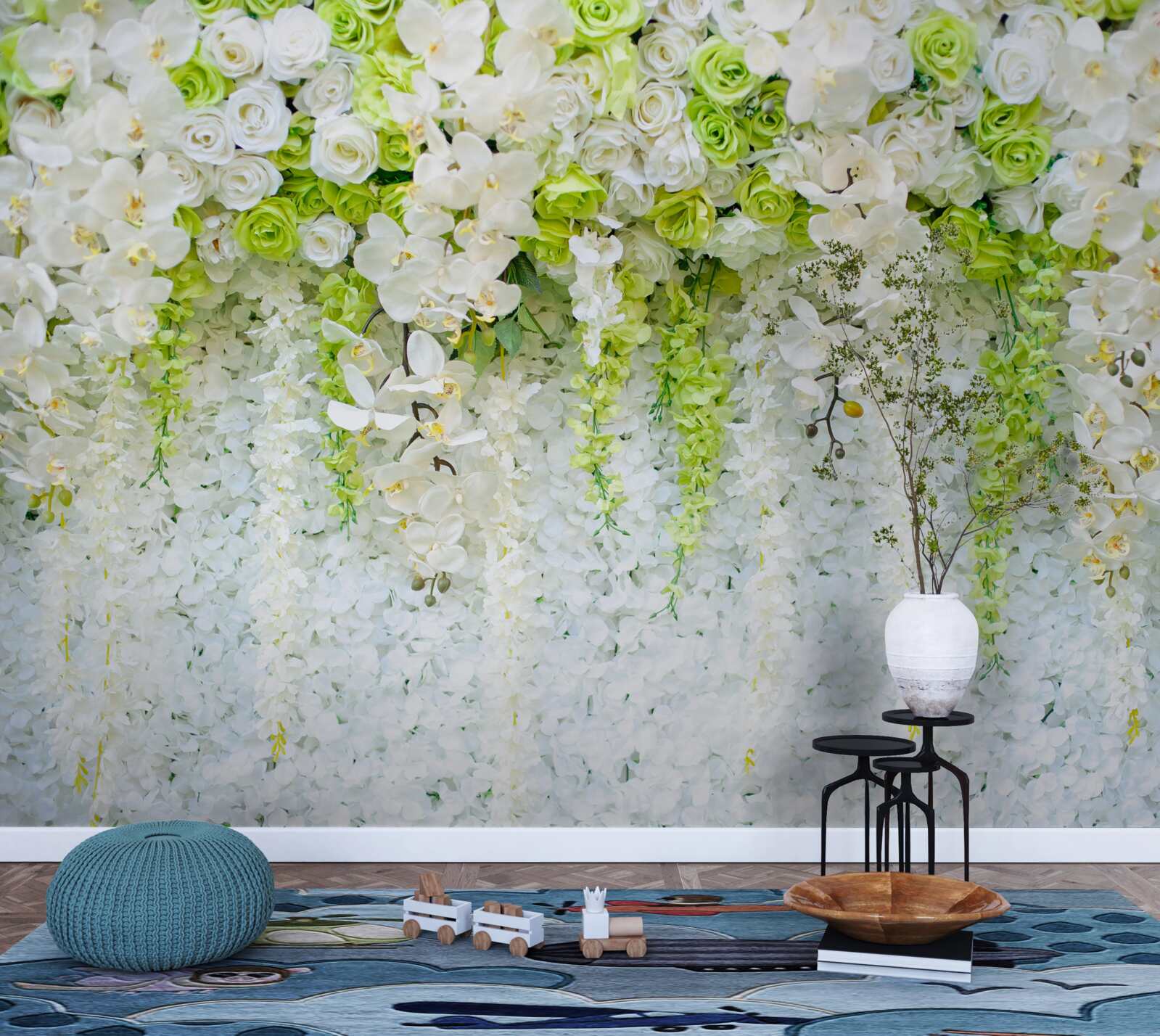 Papier peint diverses roses et branches d'orchidée blanche