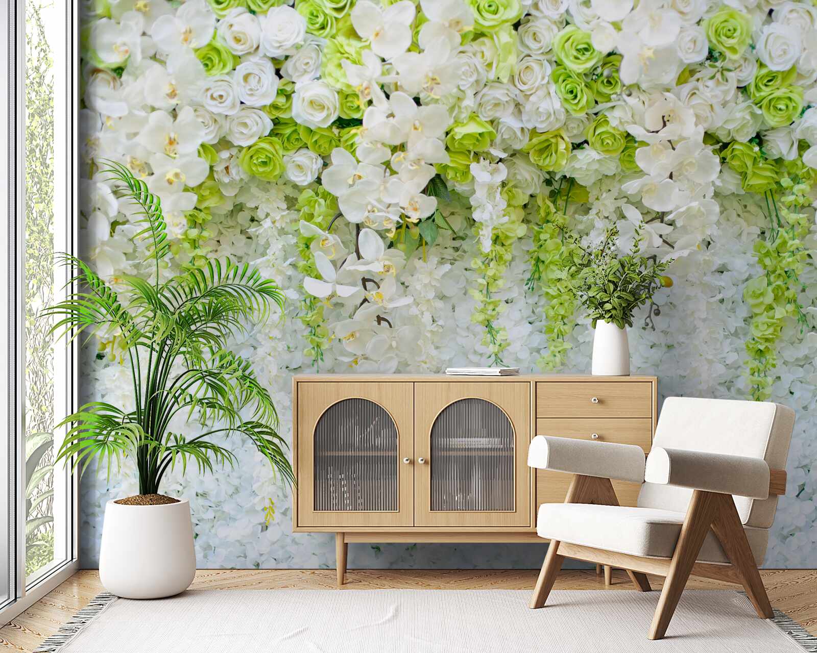 Papier peint diverses roses et branches d'orchidée blanche