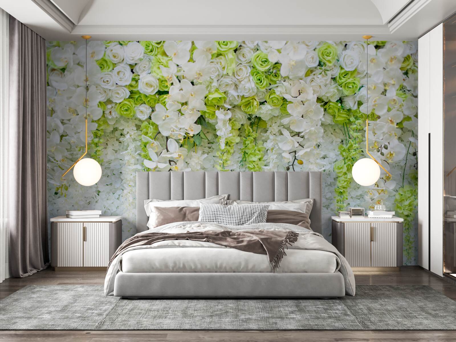 Papier peint diverses roses et branches d'orchidée blanche