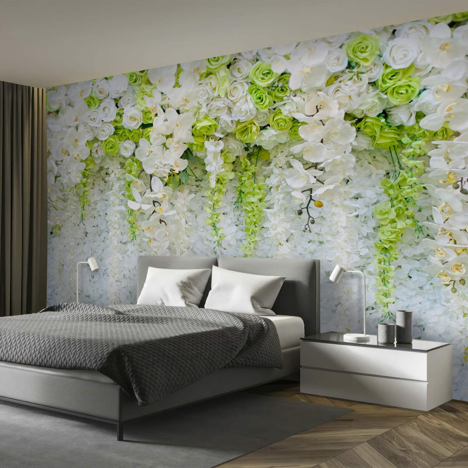 Papier peint diverses roses et branches d'orchidée blanche