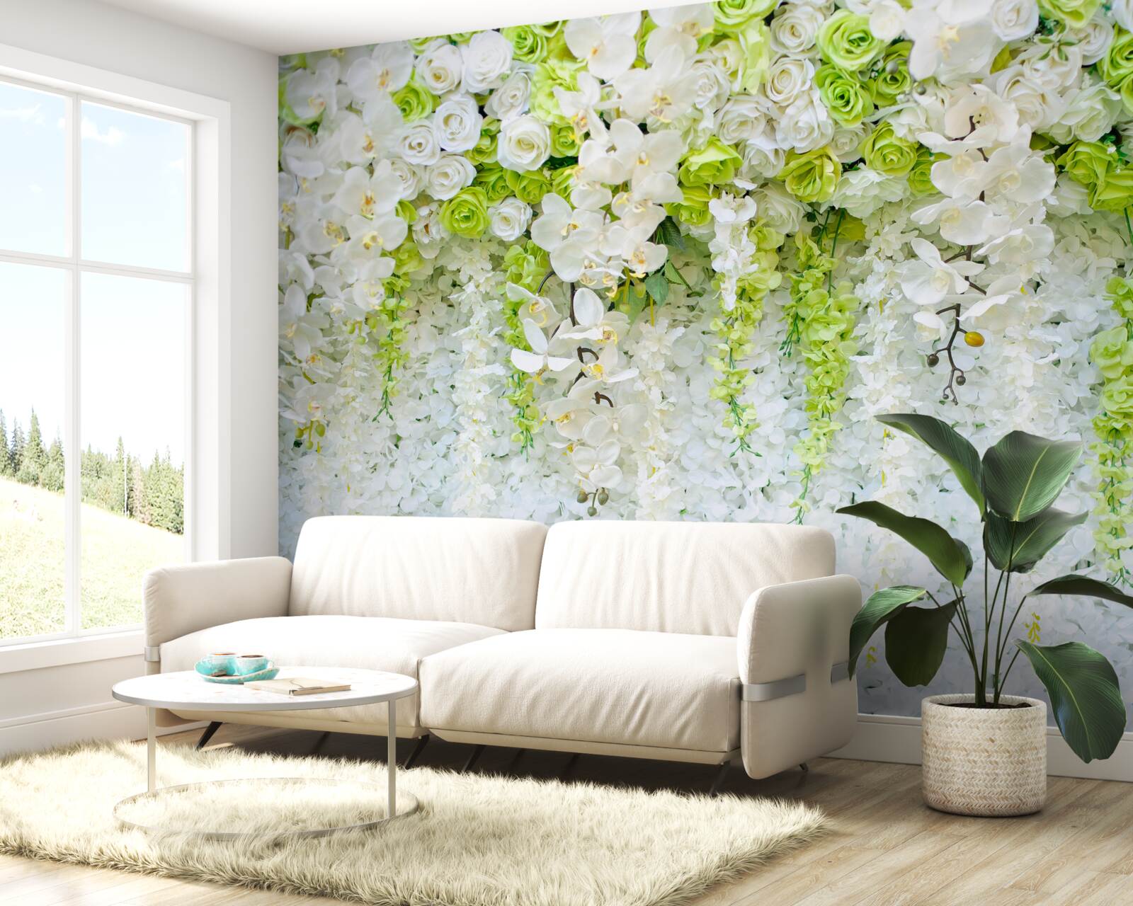Papier peint diverses roses et branches d'orchidée blanche