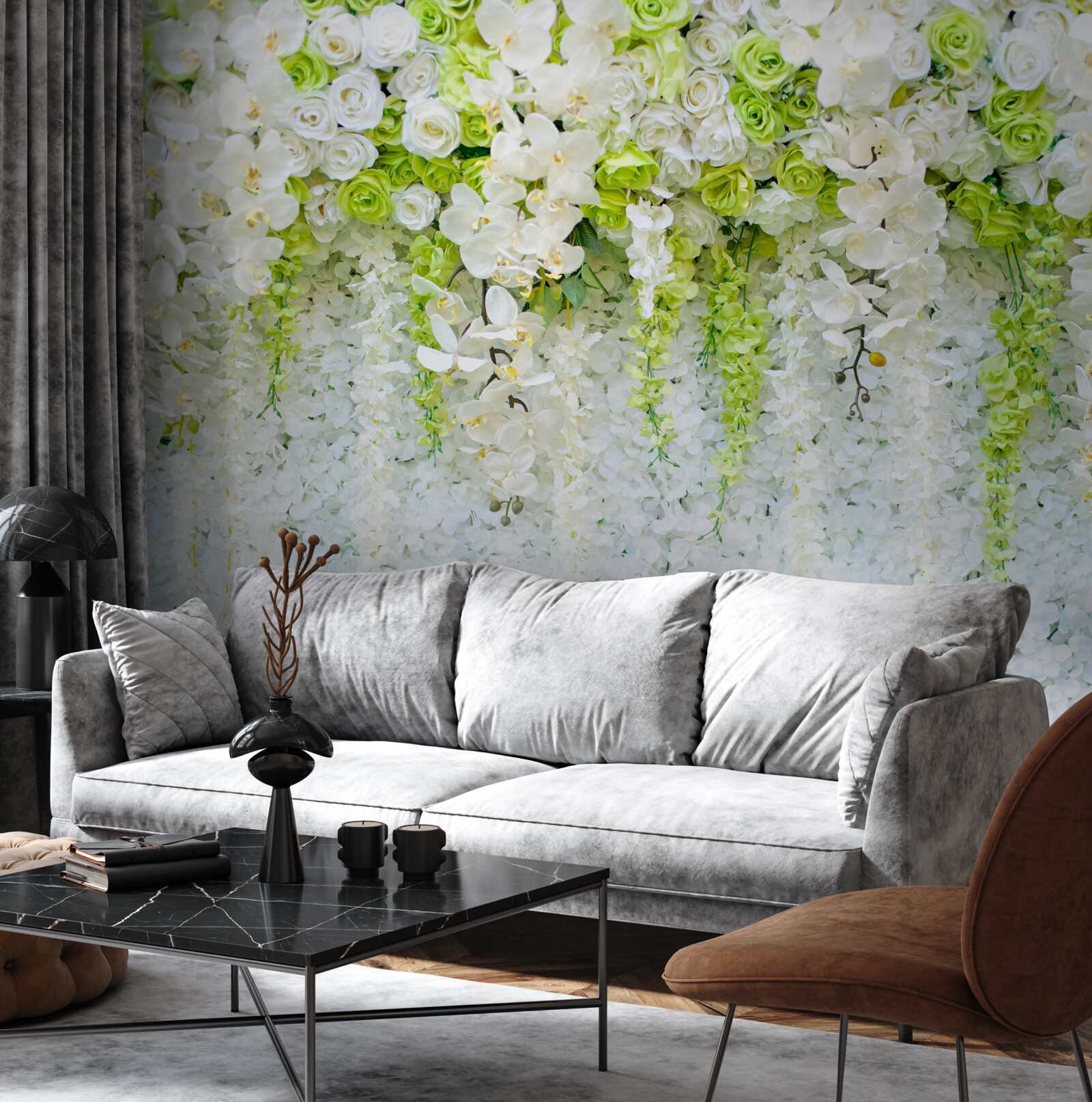 Papier peint diverses roses et branches d'orchidée blanche