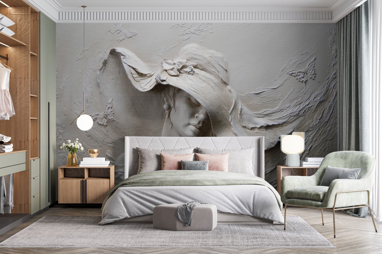 Papier peint femme avec coiffe, bas-relief