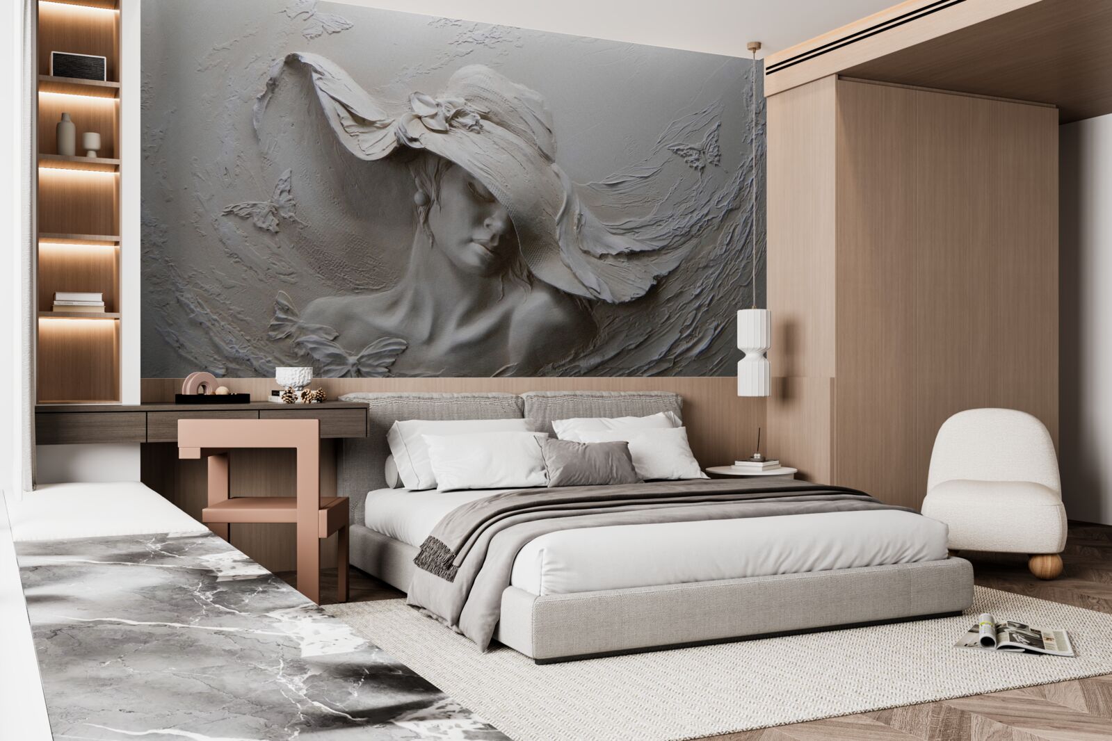 Papier peint femme avec coiffe, bas-relief