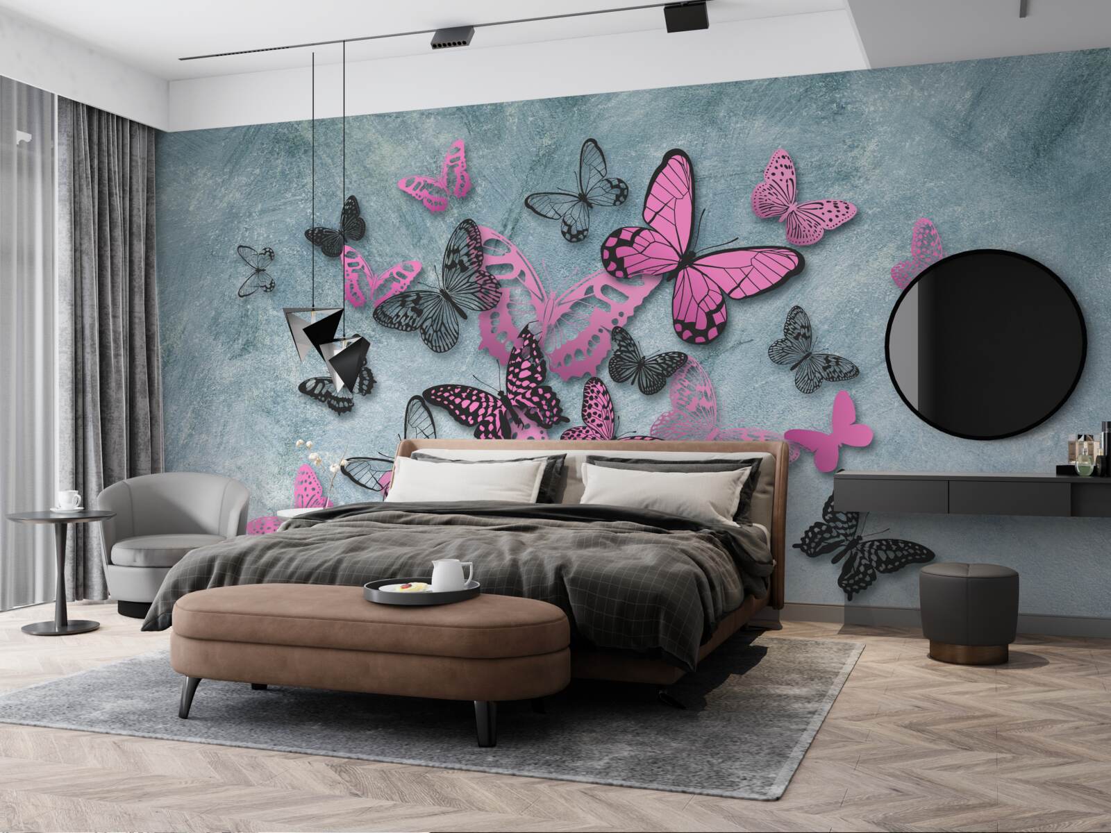 Papier peint groupe de papillons roses