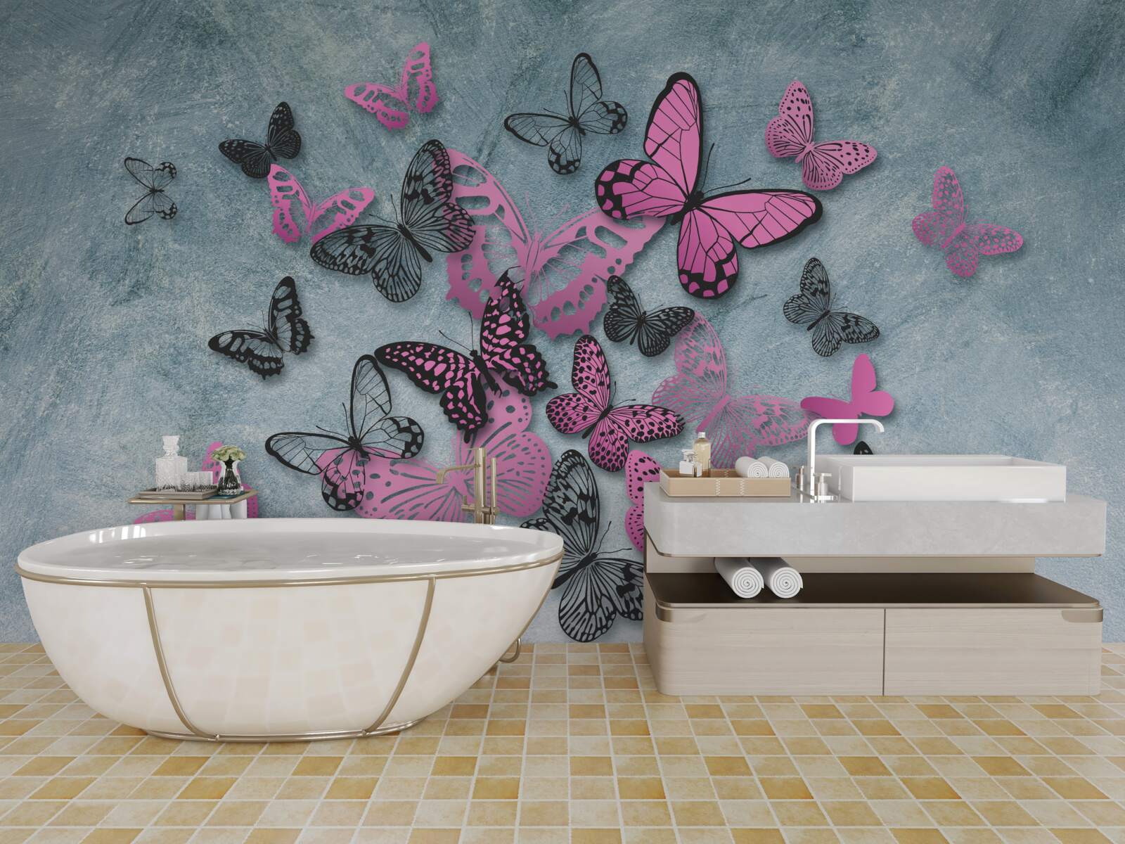 Papier peint groupe de papillons roses