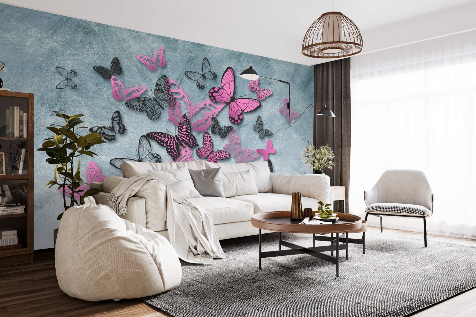 Papier peint groupe de papillons roses