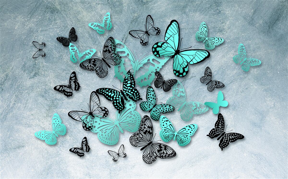 Papier peint papillons bleus sur fond gris