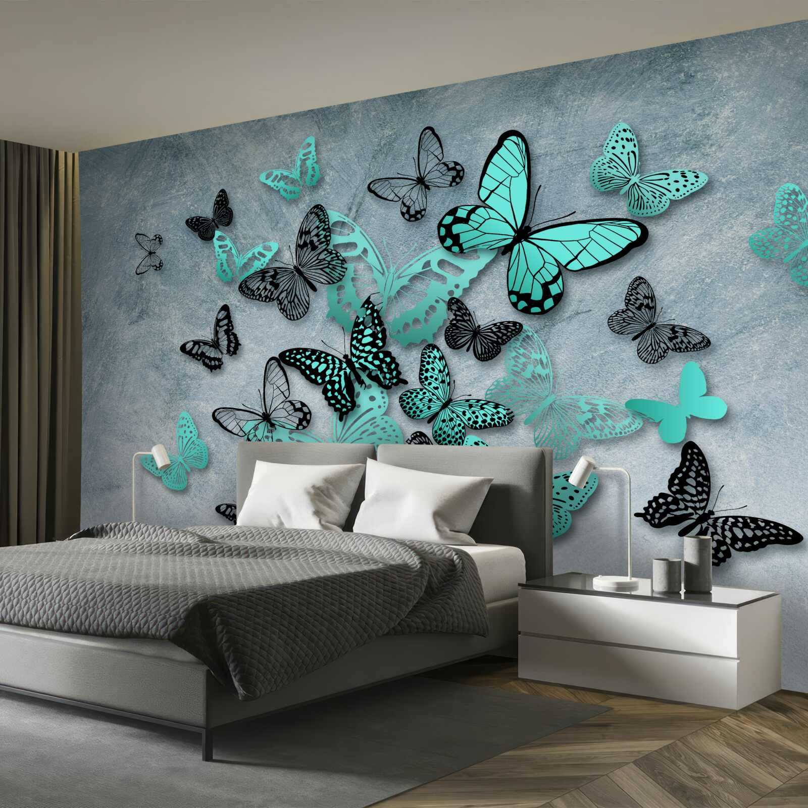 Papier peint papillons bleus sur fond gris