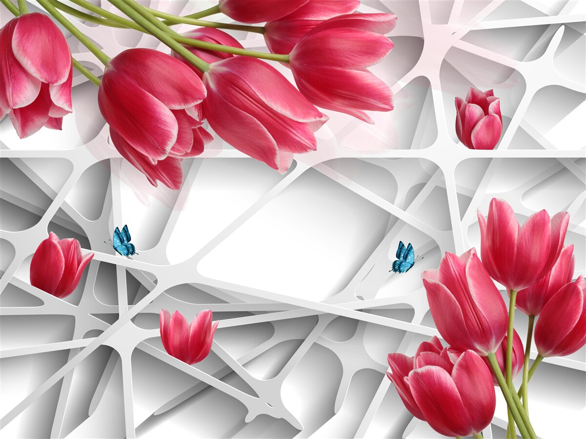 Papier peint papillons et bourgeons de tulipes écarlates