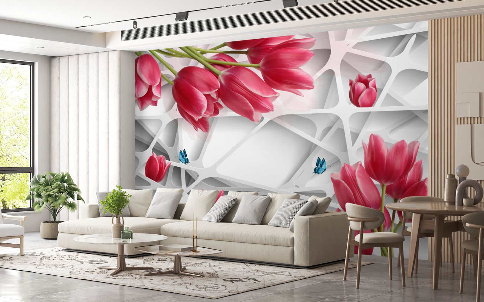 Papier peint papillons et bourgeons de tulipes écarlates