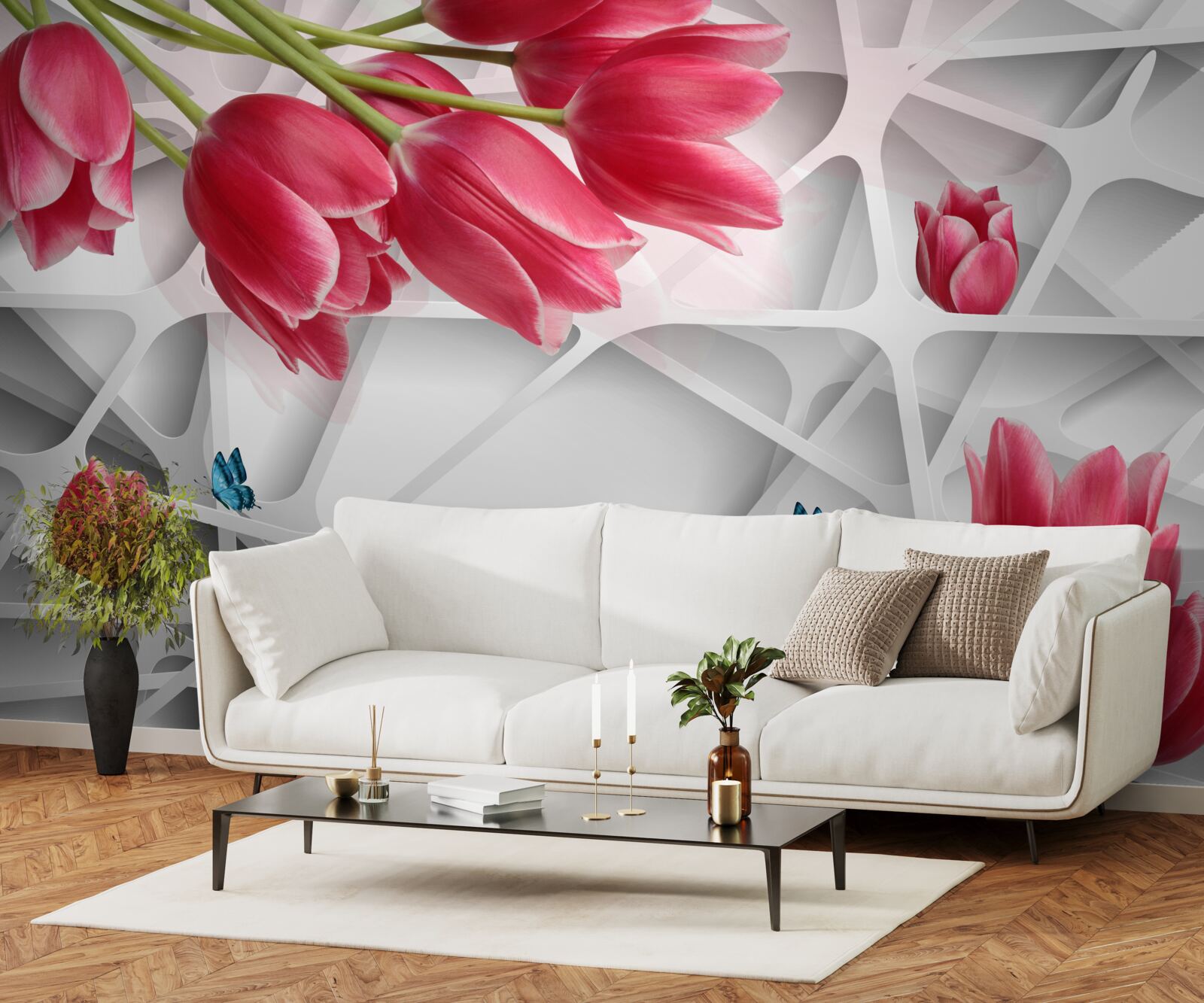 Papier peint papillons et bourgeons de tulipes écarlates