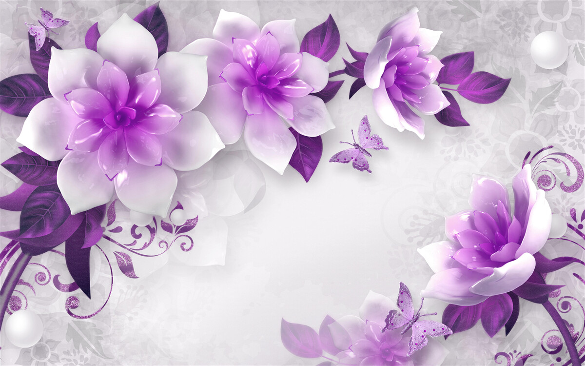 Papier peint fond blanc décoré de fleurs violettes