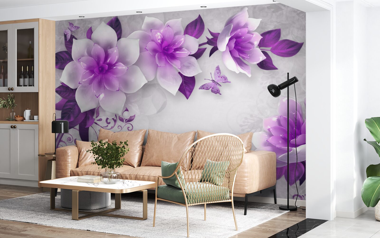 Papier peint fond blanc décoré de fleurs violettes