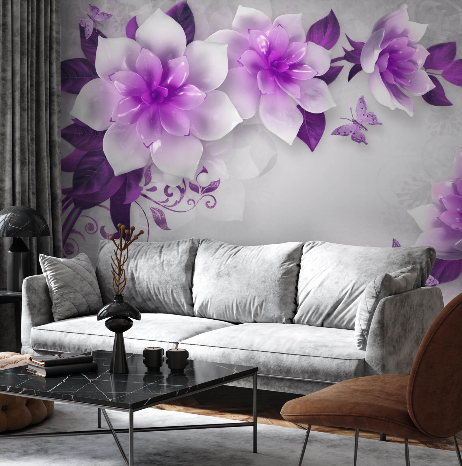 Papier peint fond blanc décoré de fleurs violettes