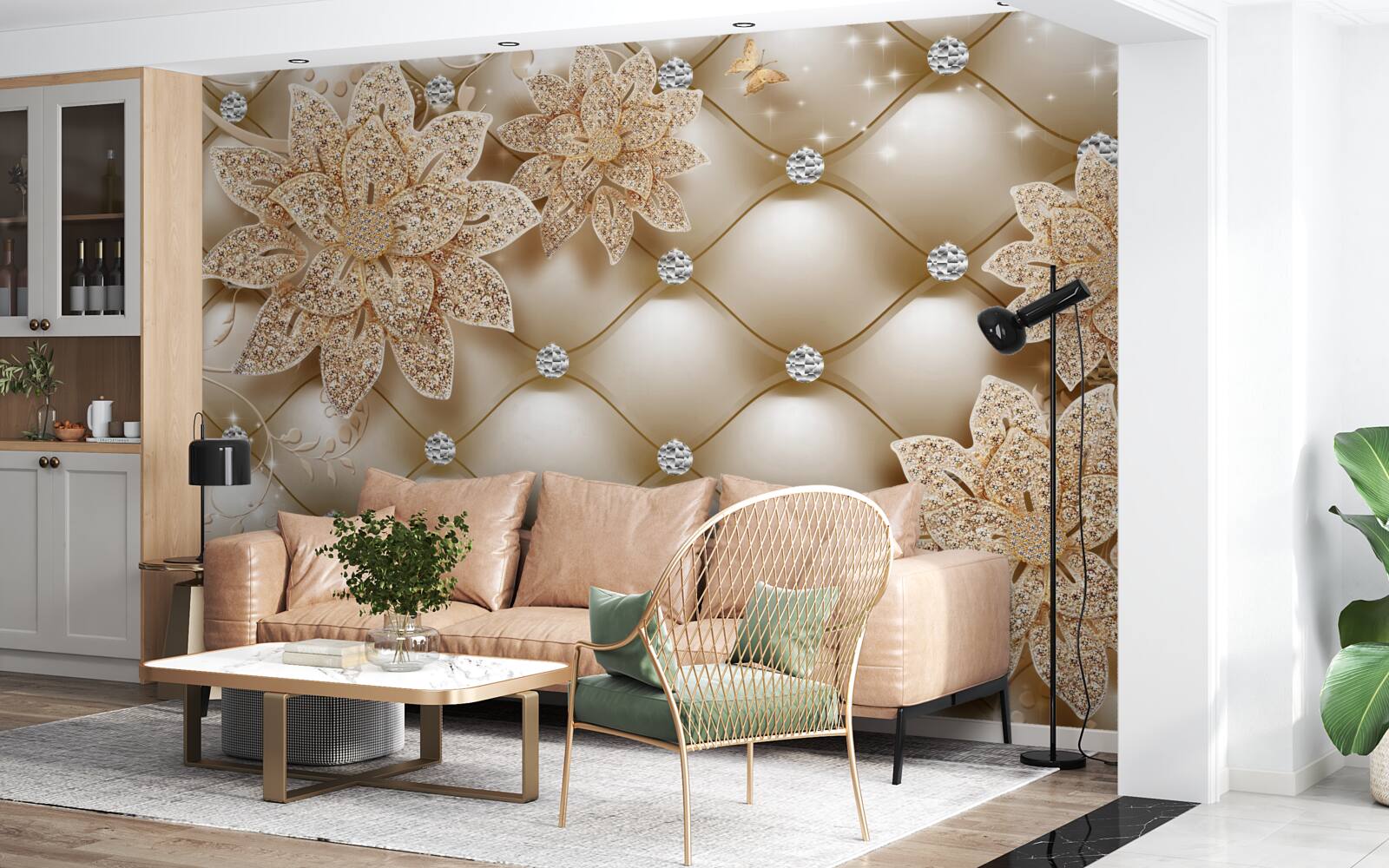 Papier peint les perles sont décorées de fleurs en or