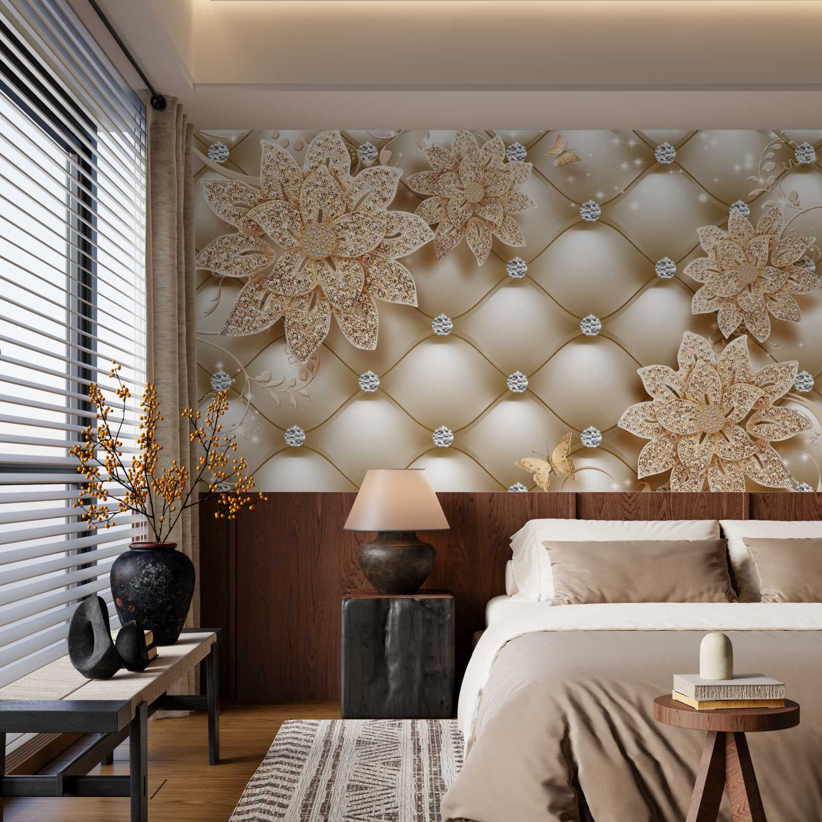 Papier peint les perles sont décorées de fleurs en or