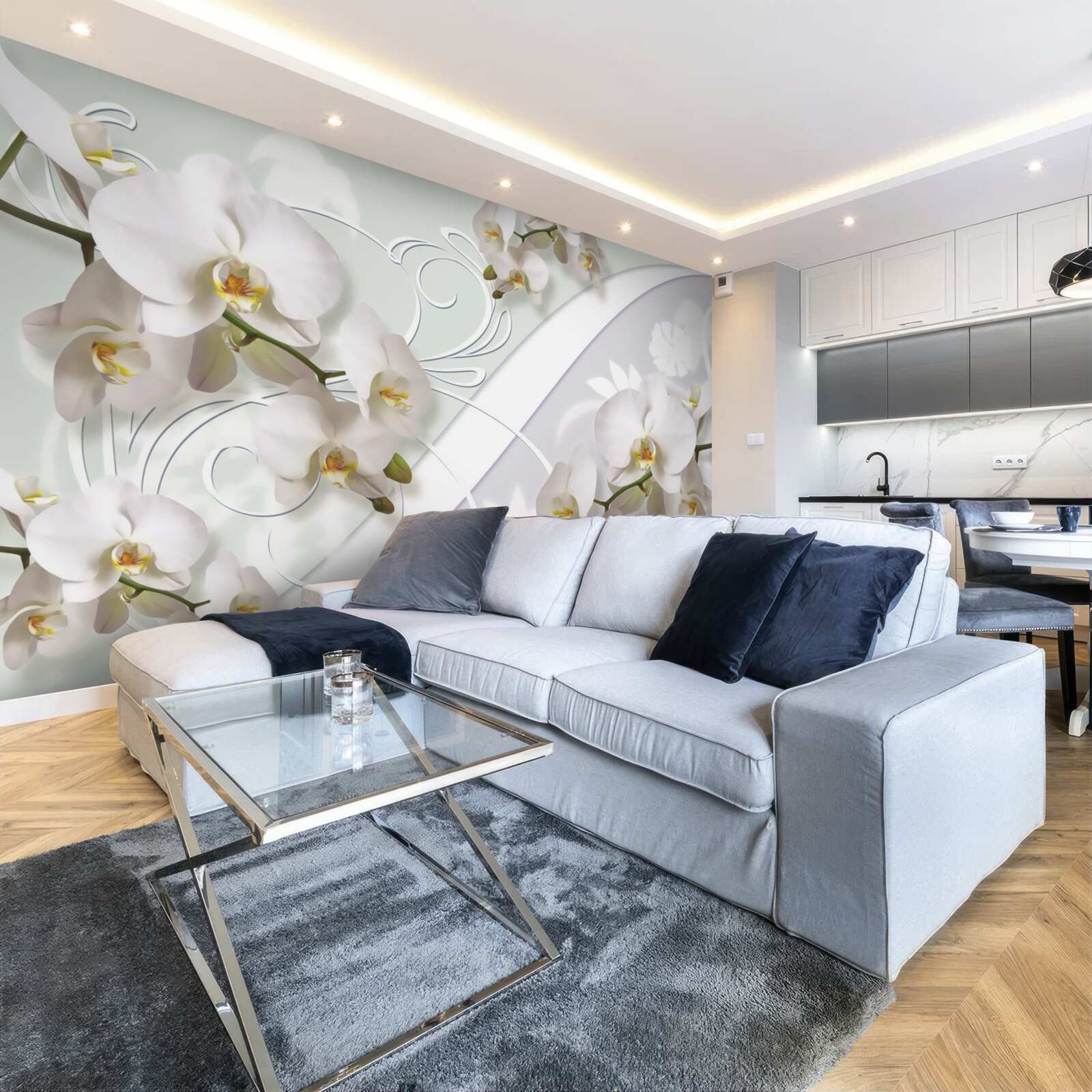Papier peint orchidées blanches sur fond blanc