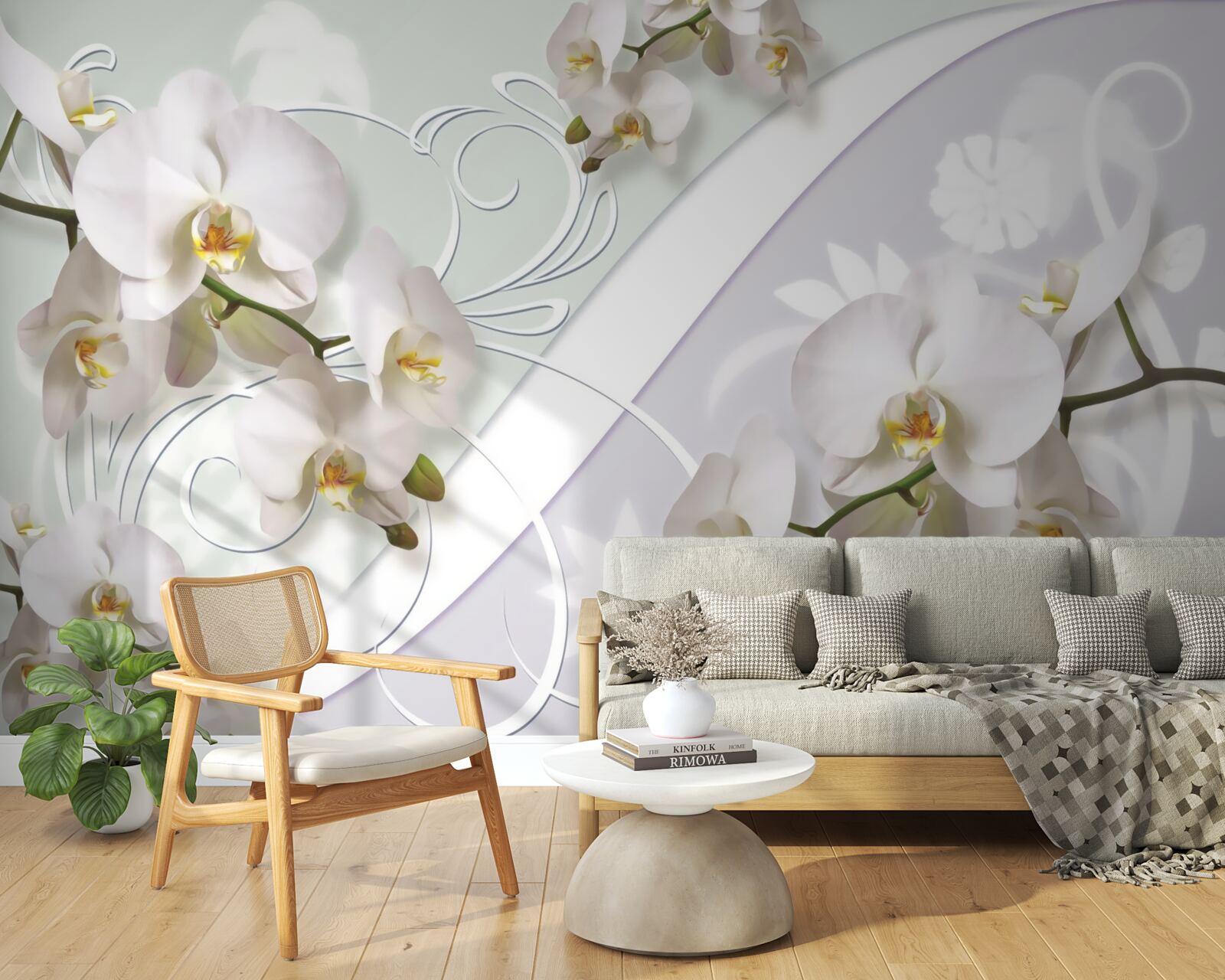 Papier peint orchidées blanches sur fond blanc