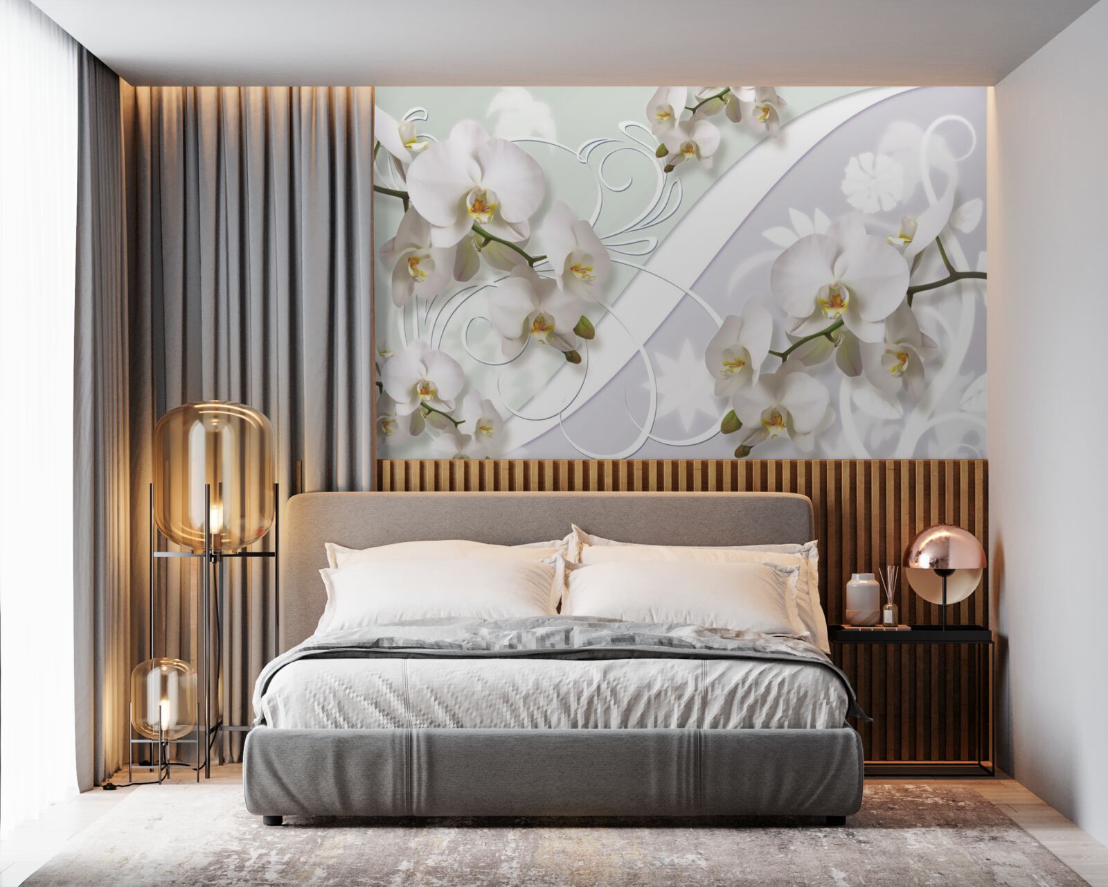 Papier peint orchidées blanches sur fond blanc