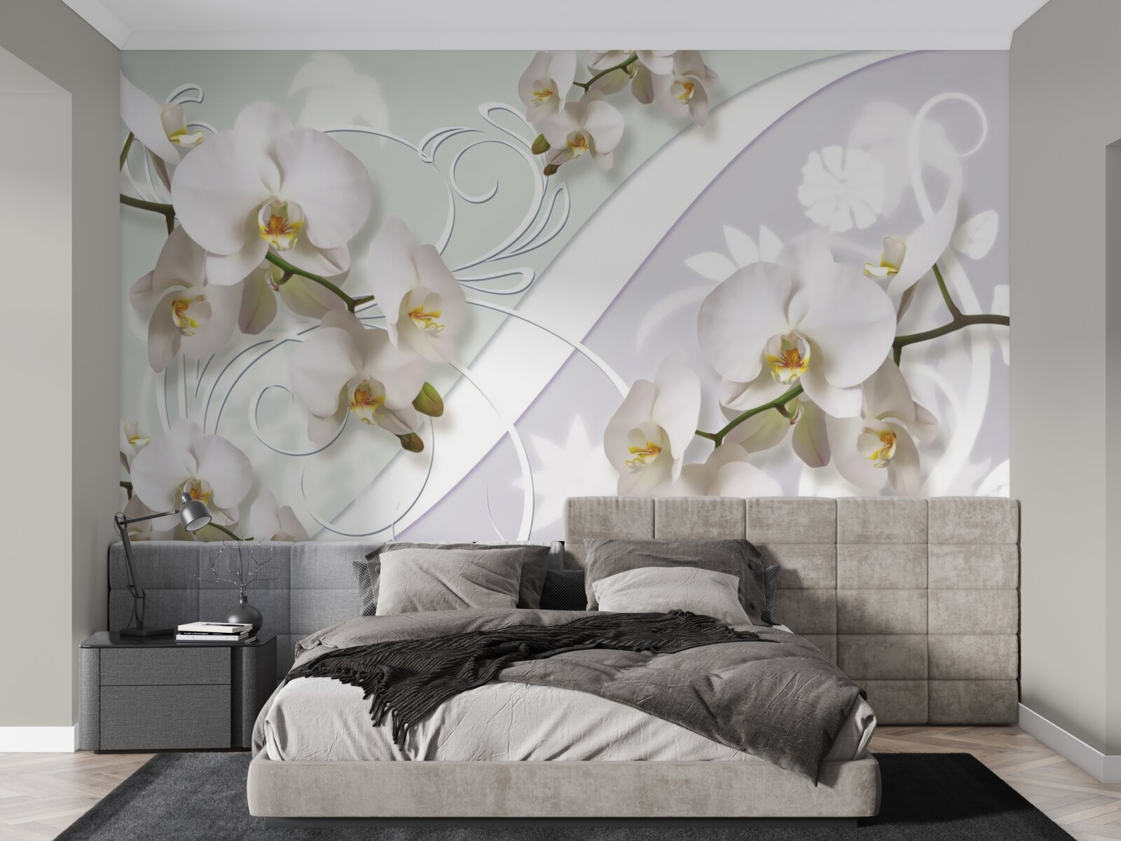 Papier peint orchidées blanches sur fond blanc