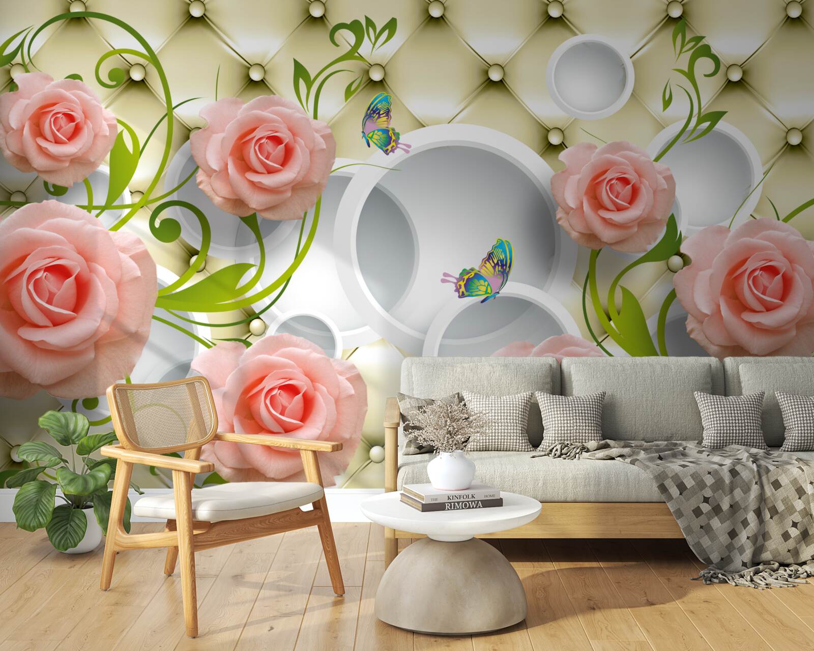 Papier peint papillons et roses en rose